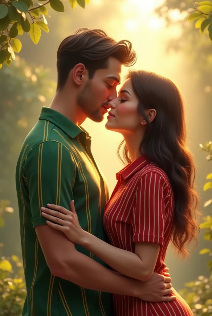 Couple in love with green shirt with yellow lines and red with thick white lines