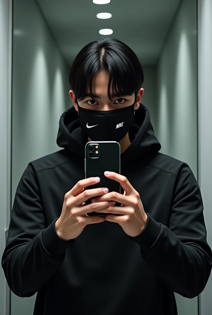 Create a photo of a young man taking a photo with an iPhone cell phone in front of a mirror wearing a black outfit and a Nike mask with straight black hair 