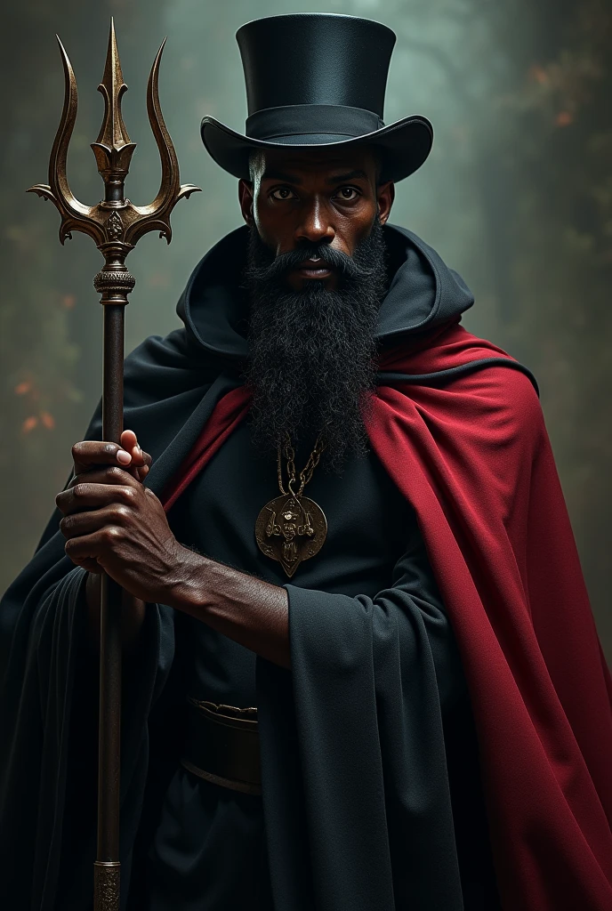 Make a picture of the face of a tall bald dark man, wearing a top hat and a black and red cape, with a short beard with a trident is a black and red umbanda guide