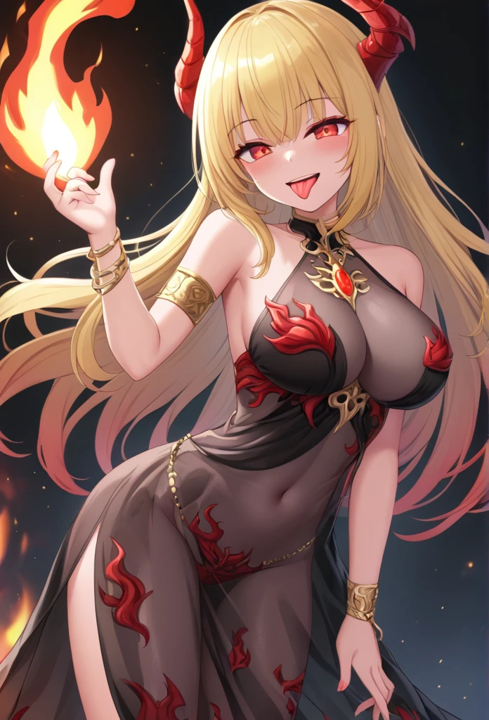 Emerging from the flames of hell、She wore a bright red mini see-through dress.、Goddess of Fire、A provocative smile with tongue out