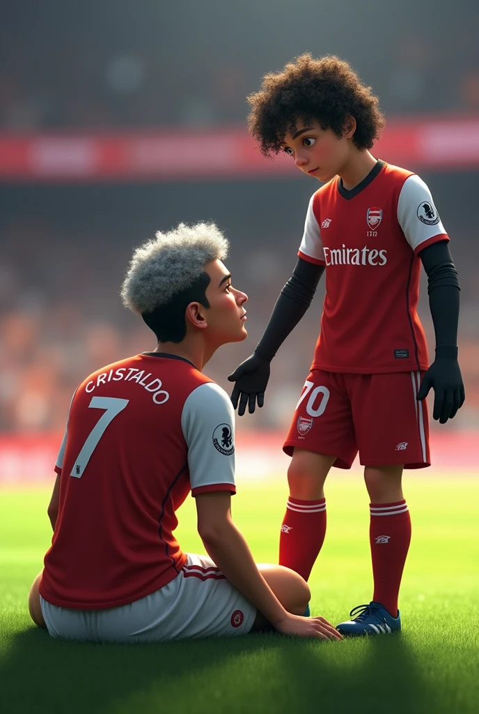 Arsenal player who wears number 7 and is called Cristaldo who wears long sleeves and has short curly silver hair sitting on the grass while Liverpool player called Ramsay who wears number 70, long sleeves, black gloves and wavy hair looks at him with open arms 