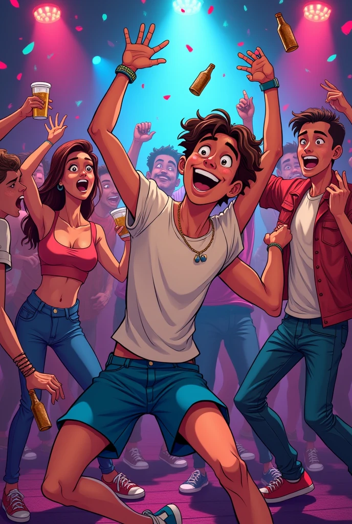 An image of boys with women and beers in a club in a cartoon-type image, really crazy dancing