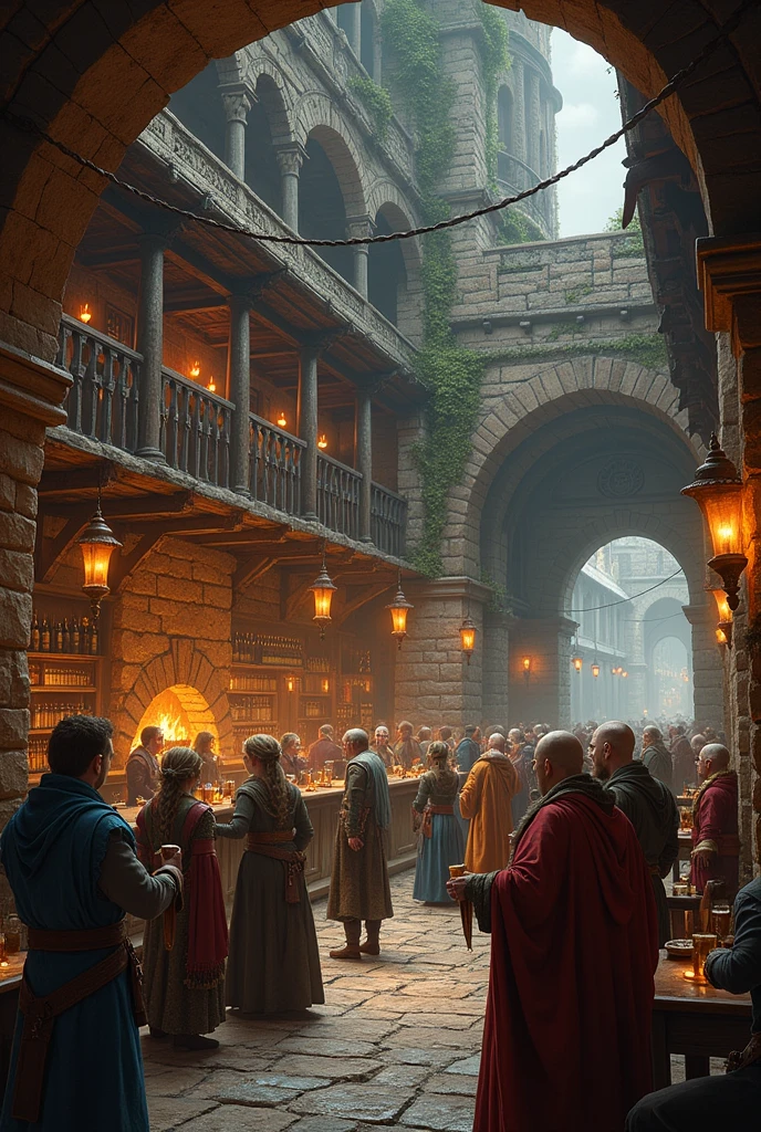 Medieval tavern with large bar, Tables and chairs and a few elves, Halflings and Dwarves