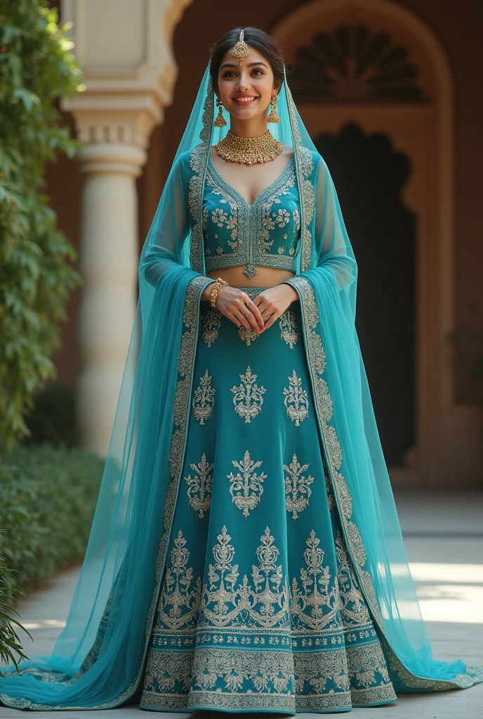 Walima bride wearing velvet kurti in teal color and sky blue color embellished lehnga in silk fabric