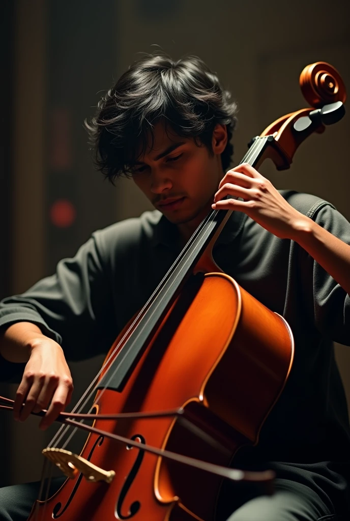 Young, thin, black-haired Mexican man with dark skin playing the cello