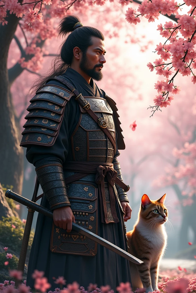 a samurai with a cat in a cherry grove
