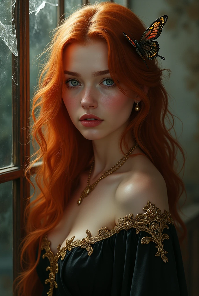 (solo, full body photo:1.3), (action packed:1.3), (haze, fog, mist:1.3), chiaroscuro, best quality, photorealistic, 1woman, (cute), (24yo:1.2), redhead, long ginger hair highly detailed, 1700'S, digital photography, art by artgerm and ruan jia and greg rutkowski surreal painting gold butterfly filigree, broken glass, (masterpiece, sidelighting, finely detailed Fashionable eyes: 1.2) (perfect oval large eyes that gazes at the viewer), beautiful detailed face, blue gorgeous perfect eyes, (blonde hair ponytail), (attractive young woman:1.3), (thick amazing hair), (seductive:1.1), (blushing:1.1)