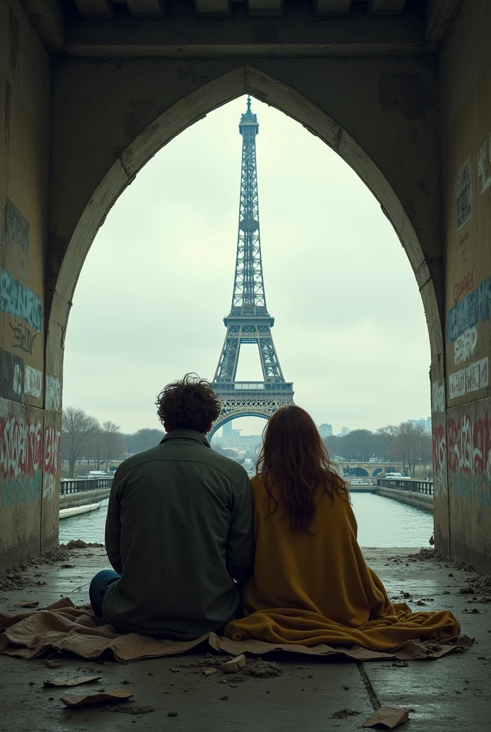 Sad couple, with a short brown hair bearded man and his beautiful girlfriend with chestnut hair, sitting like tramps with damaged blankets on old cardboards under a dirty bridge in Paris near the Eiffel tower