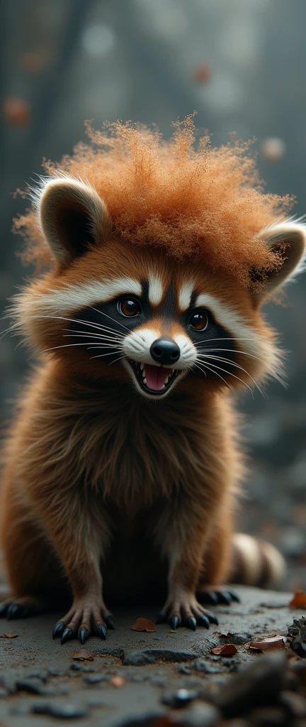 captivating photograph of a cute extra fluffy baby realistic raccoon A stunning and highly detailed 3D illustration of a beautiful tan raccoon, with a cute and tender expression, and an extra large auburn super curly Afro. The raccoon is growling adorably, set against a gray ombré background. The image is rendered in 12,000 megapixels, creating a 360-grade dimensional effect. The scene is cinematic and conceptual, featuring dark fantasy elements and intricate architectural details., photo, portrait photography, dark fantasy, illustration, architecture, 3d render, painting, conceptual art, wildlife photography, cinematic