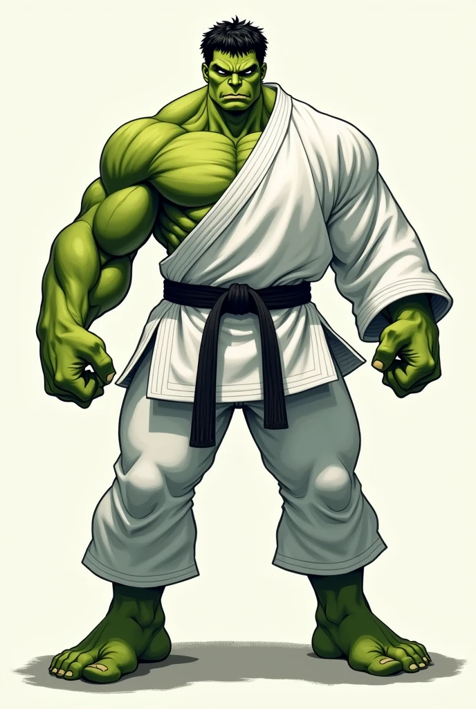 HULK WITH THE GREEN BODY, WEARING A WHITE LONG ARMS JIU JITSU KIMONO , black Belt, GIANT MUSCULAR, fully body, drawing style, logotype