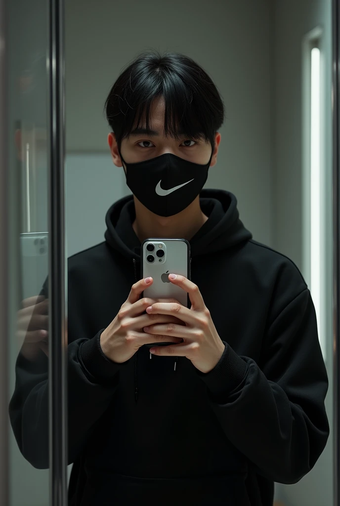 Create a photo of a young man taking a photo with an iPhone cell phone in front of a mirror wearing a black outfit and a Nike mask with straight black hair 