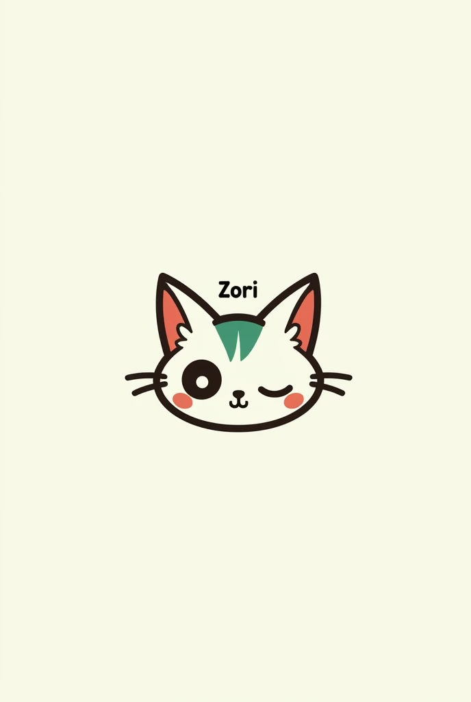 A logo of a cat that has two pointed lines on the edges and is white and has a small green hair and on the left a black-stained ear and says zori