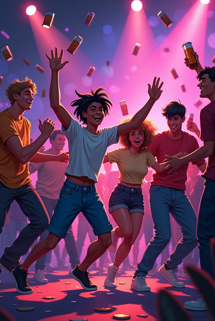 An image of boys with women and beers in a club in a cartoon-type image, really crazy dancing