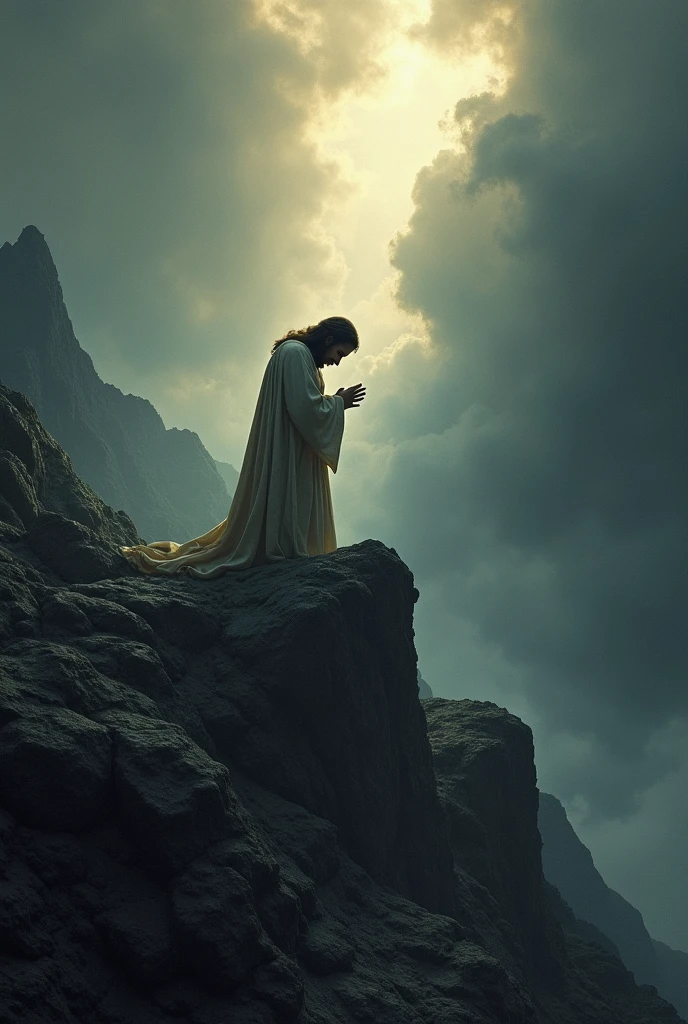 "Create an epic and dramatic image of Jesus praying on a mountain, with a dark and somber atmosphere. Jesus should be depicted in a moment of deep prayer, with His head bowed and hands raised or clasped together, conveying intense spiritual devotion. The mountain setting should be rugged and foreboding, with dark clouds, a turbulent sky, or jagged rocks enhancing the dramatic effect. The lighting should be stark, with a beam of divine light illuminating Jesus from above, creating a contrast between the dark surroundings and the sacred moment. Use powerful contrasts and deep shadows to highlight the gravity of Jesus' prayer and the epic nature of the scene, capturing both the solitude and the spiritual significance of the moment."