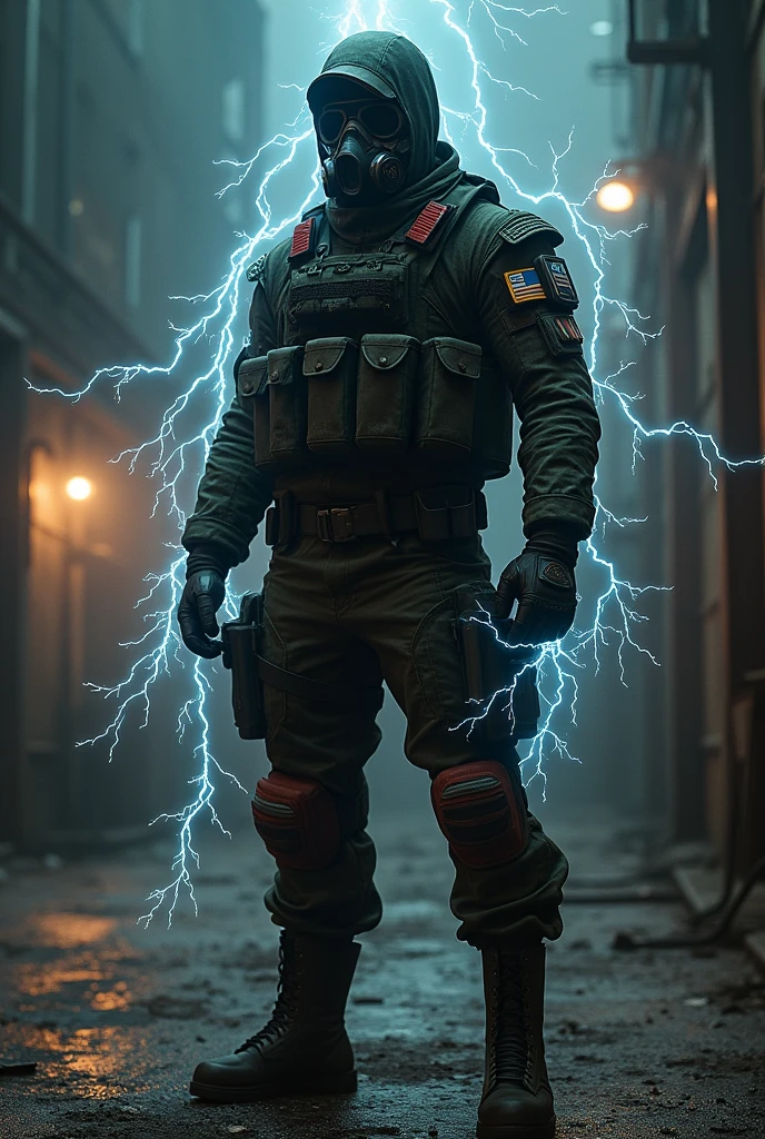 A man in a gas mask and wearing military clothing with electrical powers 