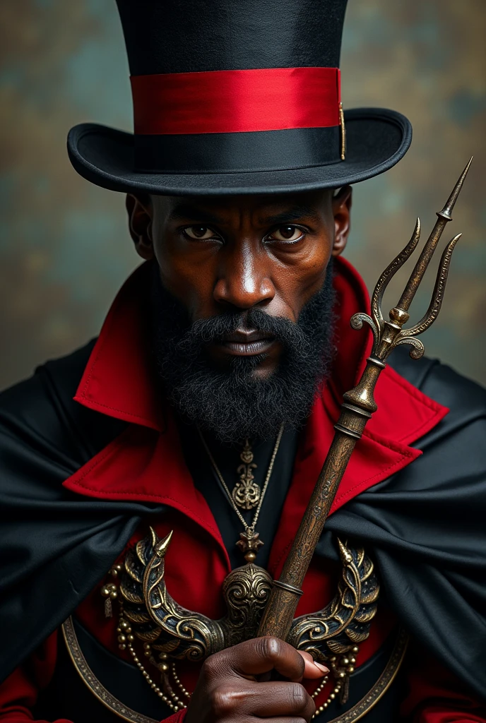 Make a picture of the face of a tall bald dark man, wearing a red and black top hat is a black and red cape, with a short beard with a trident is a black and red umbanda guide