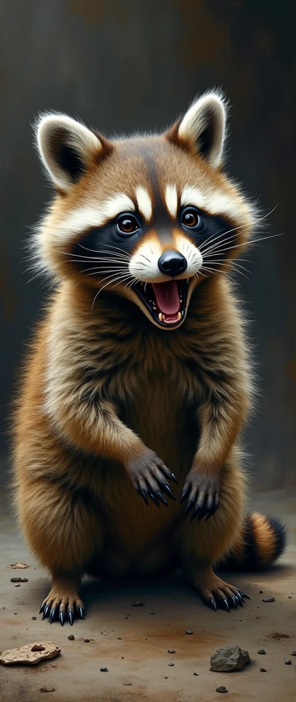captivating photograph of a cute extra fluffy baby realistic raccoon An intricately detailed and expressive painting of a red glass statue depicting a cute, fluffy baby raccoon in a growling pose. The adorable creature, set against a dark background, is reminiscent of the styles of Rolf Armstrong, Frank Frazetta, Jeremy Mann, Carne Griffiths, and Robert Oxley. The minimal or blurred background accentuates the high detail and captivating expression of the raccoon. The overall piece evokes a dark fantasy atmosphere, with elements of architecture and illustration seamlessly integrated into the composition., architecture, painting, dark fantasy, illustration