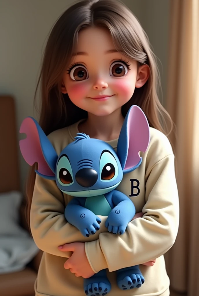 Doll in shorts and blouse holding Stitch and the letter B on her clothes