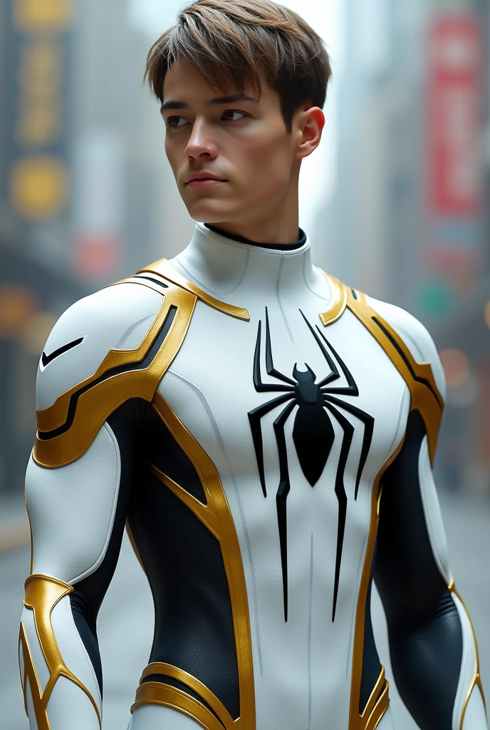 Make a Spider-Man from the future with the uniform with the colors white and gold, Remembering, his hair is on the outside and without a cover and his hair is short. On the chest the large black symbol of the spider. he's American, does not have Korean naturalization.