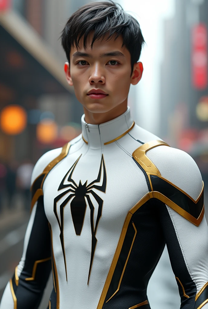 Make a Spider-Man from the future with the uniform with the colors white and gold, Remembering, his hair is on the outside and without a cover and his hair is short. On the chest the large black symbol of the spider. he's American, does not have Korean naturalization.