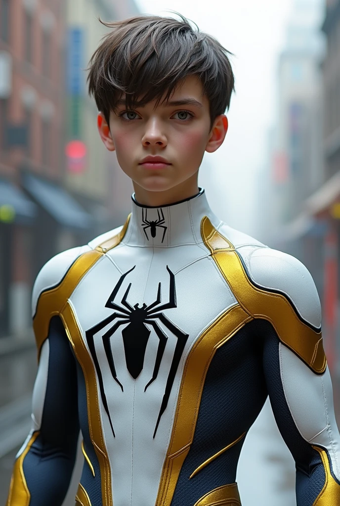 Make a Spider-Man from the future with the uniform with the colors white and gold, Remembering, his hair is on the outside and without a cover and his hair is short. On the chest the large black symbol of the spider. he's American, does not have Korean naturalization.