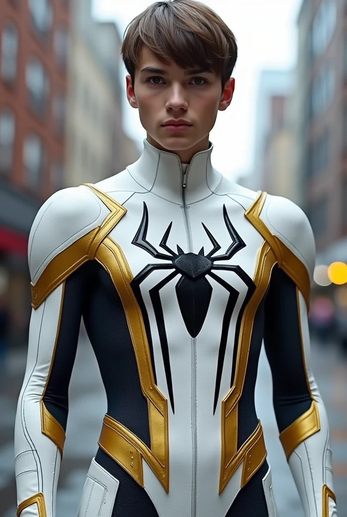 Make a Spider-Man from the future with the uniform with the colors white and gold, Remembering, his hair is on the outside and without a cover and his hair is short. On the chest the large black symbol of the spider. he's American, does not have Korean naturalization.