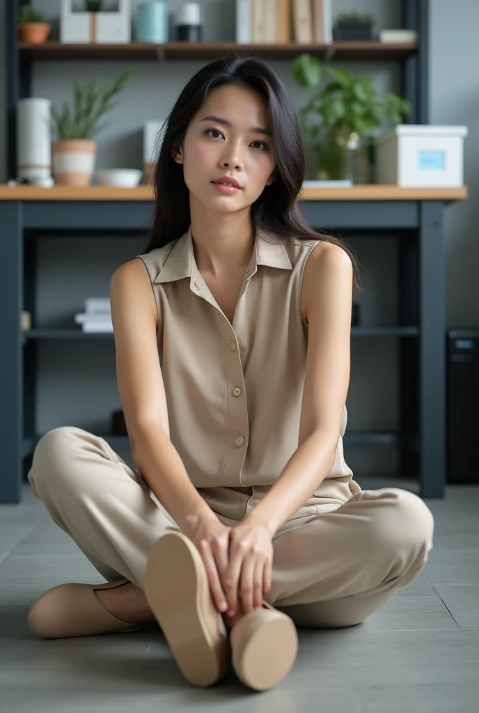 Create photo of a woman sitting in a communications office, with a beige sleeveless blouse and pants showing the soles of her beige flat shoes, the photo from the front and sitting on the floor that can be seen clearly