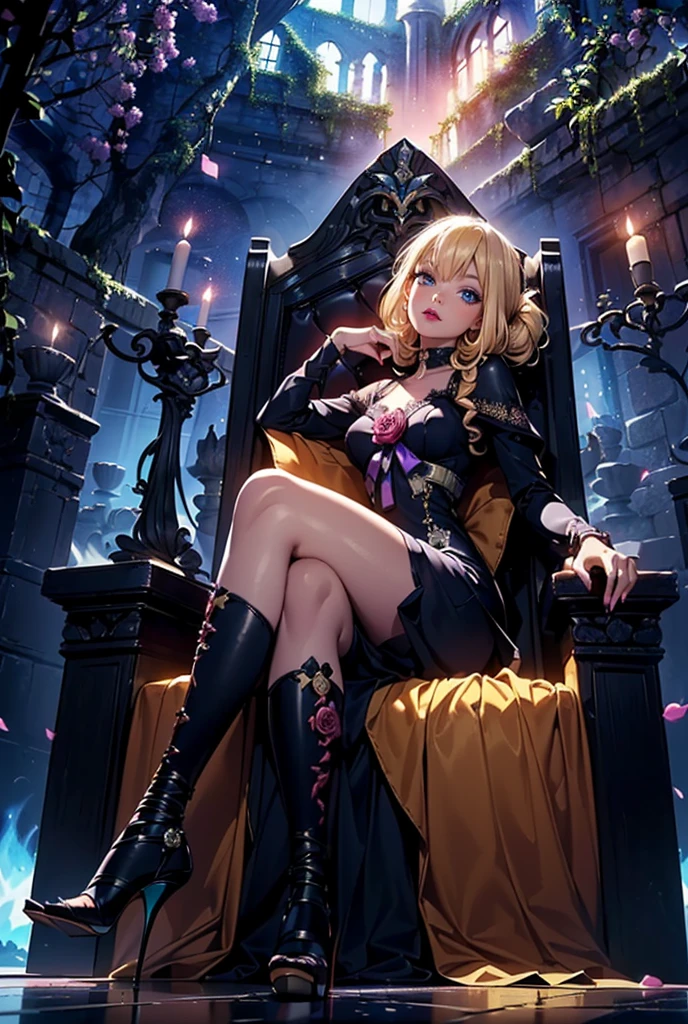 ((1woman, (solo, 1girl, alone), kohaku, blonde hair, blue eyes, tied hair)), smug, ((solo, (1woman, pink lipstick), Extremely detailed, ambient soft lighting, 4k, perfect eyes, a perfect face, perfect lighting, a 1girl)), austere, ((black dress, elegant dress, dress with embroidery, dress with lace, purple high heels, stiletto heels, imbuia throne, sculpted throne, throne with purple decoration, pompous throne, dark throne, abandoned castle, columns with vines, luminaries, pampion, candles, flower vases, roses))