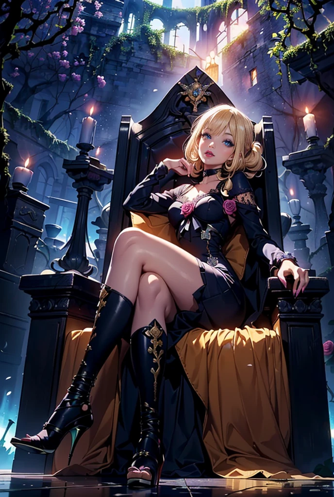 ((1woman, (solo, 1girl, alone), kohaku, blonde hair, blue eyes, tied hair)), smug, ((solo, (1woman, pink lipstick), Extremely detailed, ambient soft lighting, 4k, perfect eyes, a perfect face, perfect lighting, a 1girl)), austere, ((black dress, elegant dress, dress with embroidery, dress with lace, purple high heels, stiletto heels, imbuia throne, sculpted throne, throne with purple decoration, pompous throne, dark throne, abandoned castle, columns with vines, luminaries, pampion, candles, flower vases, roses))