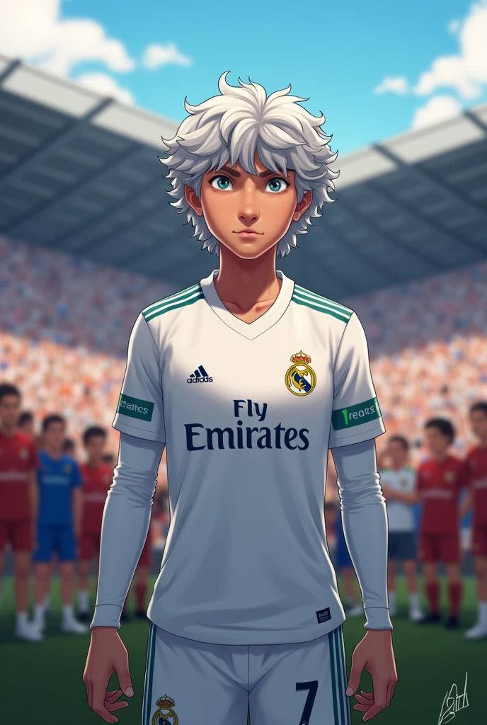 Real Madrid player named Oscar Cristaldo who wears number 7, long sleeve,
Silver and short curly being shown to his new fans young sword player with number 7 and name cristaldo