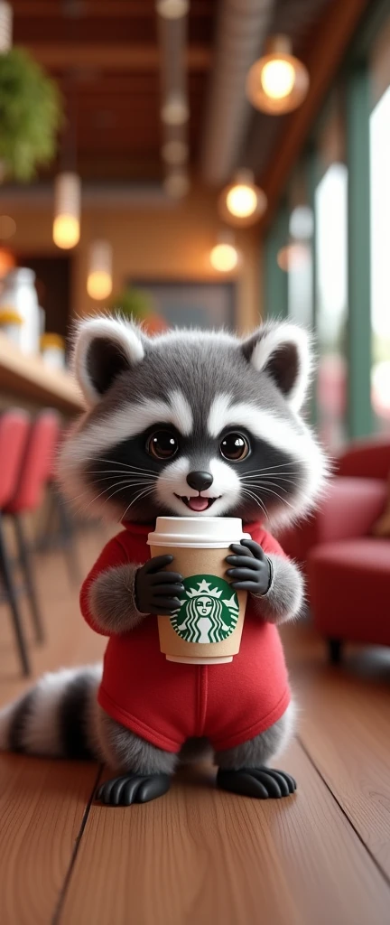captivating photograph of a cute extra fluffy baby realistic raccoon A mesmerizing 3D render of a cute,with a playful growl at a Starbucks cafe. The raccoon is dressed in adorable red and white Starbucks-themed clothing, holding a cup of coffee. The background is a vibrant, modern cafe setting, with comfortable chairs and a counter displaying an array of beverages. The overall ambiance is cozy and whimsical, perfect for a fun and engaging poster., photo, poster, 3d render