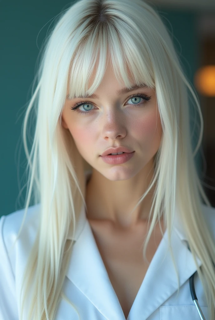 une beauté inégalée, peau brillante, ferme et brillante, frange entre les yeux, brillant droit belle blonde platine, Cheveux soyeux super longs et raides, eye-liner, Sexy belle innocente de , haute définition, grands, beaux, beaux yeux bleus brillants, belle et charmante fille, visage de bébé, en tenue deinfirmiere