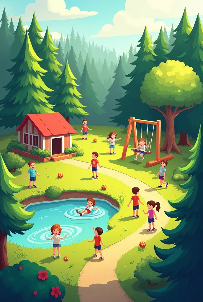 Children's sports town with a playhouse, swings, horizontal bar, hammock. There are coniferous trees around and a small lake nearby., time of day morning.
