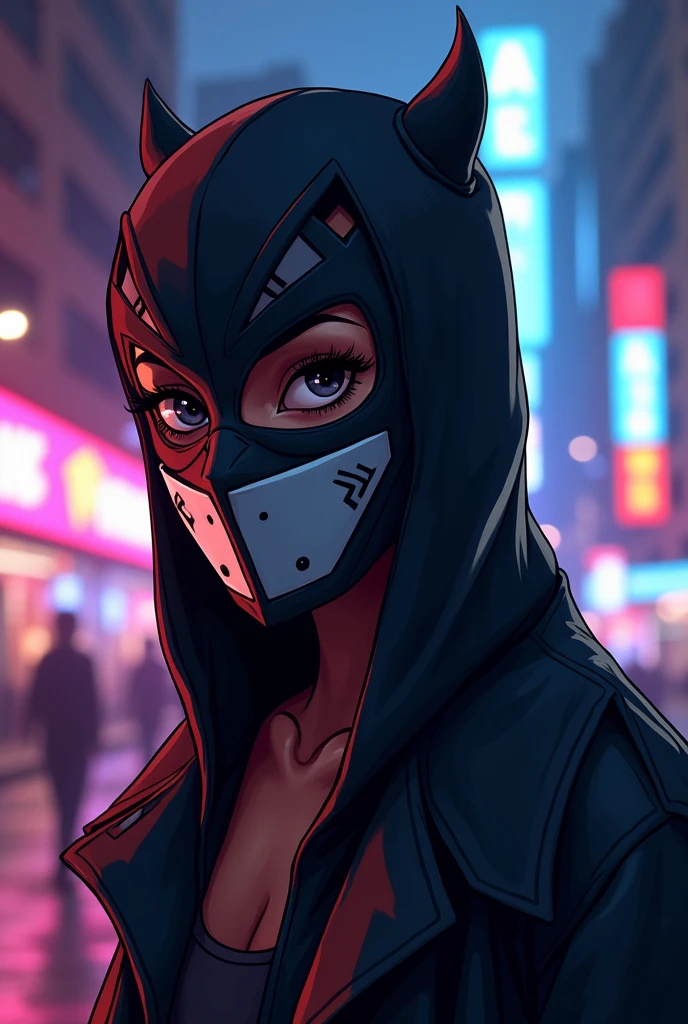 Make a light-skinned black character wearing a cartoon-style mask covering their mouth with a trap album cover theme