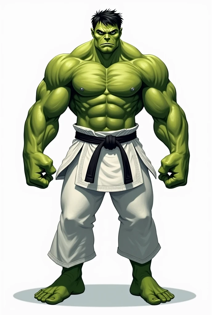 HULK WITH THE GREEN BODY, WEARING A WHITE LONG ARMS JIU JITSU KIMONO , black Belt, GIANT MUSCULAR, fully body, drawing style, logotype