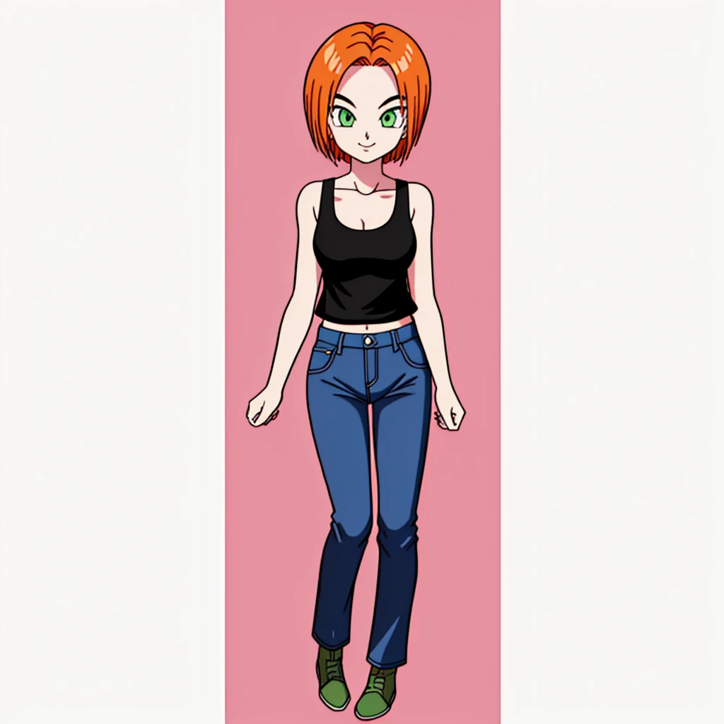 masterpiece, best quality, cinematic photo of 1girl, orange hair, pale skin, green eyes, black tank top, blue jeans, bootcut jeans, blue shose, clevage, big forehead, smiling, flippy short hair, flipped hair bob, Dragon Ball Style, photograph, film, highres