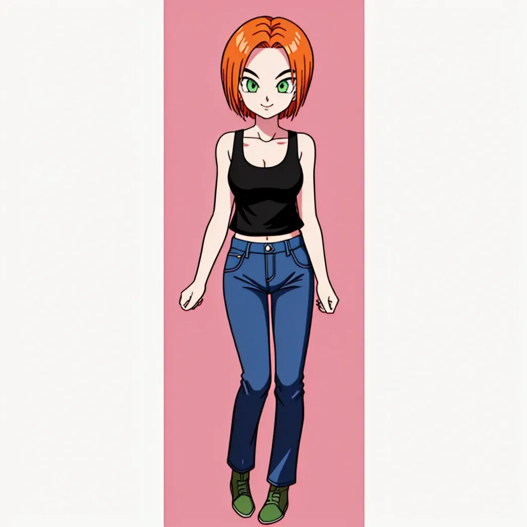 Meisterwerk, beste Qualität,  filmisches Foto von 1 Mädchen , orange hair, blasse Haut, grüne Augen,  schwarzes Tanktop , Blue Jeans, Bootcut-Jeans, blaue Schuhe, Dekolleté, große Stirn, lächelnd,  flippiges kurzes Haar , umgedrehtes Haar Bob , Dragonball-Stil, Foto, Film, highres