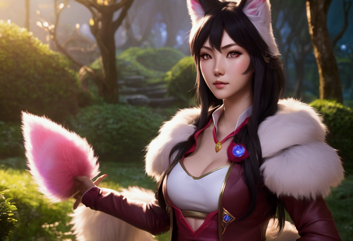 make full shot, landscape cinematic photo, realistic, natural skin, legend of league game charater Ahri.