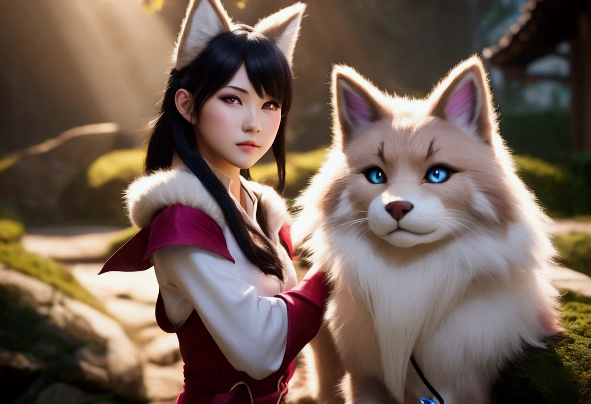 make full shot, landscape cinematic photo, realistic, natural skin, legend of league game charater Ahri.