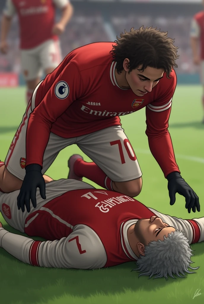 nal player who wears number 7 and is called Cristaldo who wears long sleeves and has short curly silver hair lying on the grass while Liverpool player called Ramsay who wears number 70, long sleeves, black gloves and wavy hair looks at him with open arms