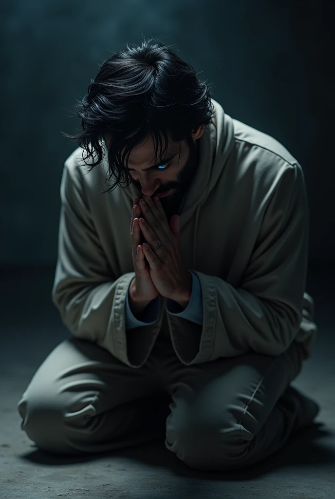  dark-haired man with blue eyes praying in 4k 
