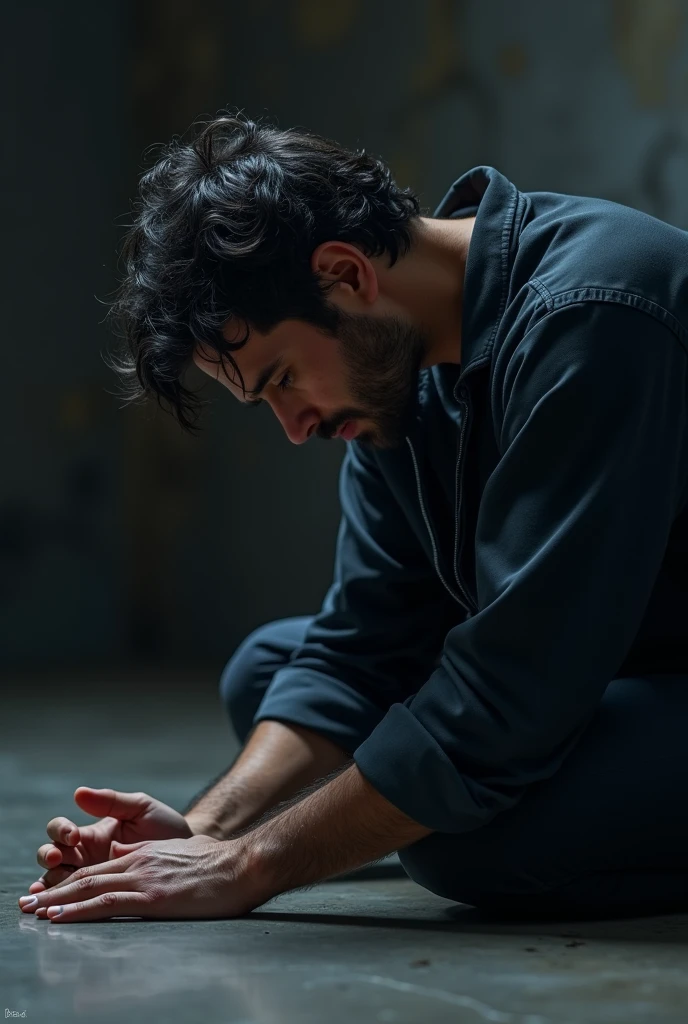  dark-haired man with blue eyes praying in 4k 