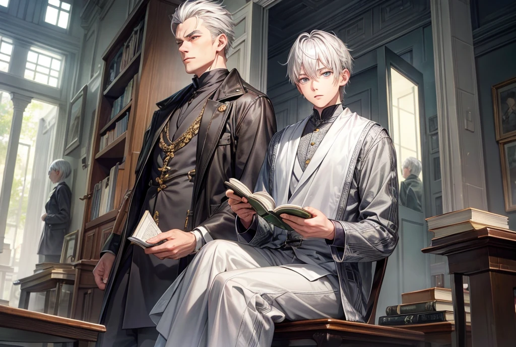 Silver Hair Short、Man with slanted eyes、Hold a book and read
