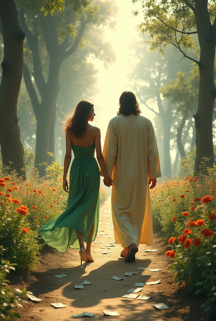 The image shows two people walking side by side on a path through a vibrant and colorful landscape. The figure on the left is a girl is wearing a green dress with a high slit and high heels, while the figure is Jesus on the right is dressed in a beige robe.

The path they are walking on is lined with lush flowers and plants, leading towards a bright light in the distance. On one side of the path, there’s dark smoke rising into the sky from behind some trees, contrasting with the otherwise idyllic setting. Scattered along the path are numerous paper bills.