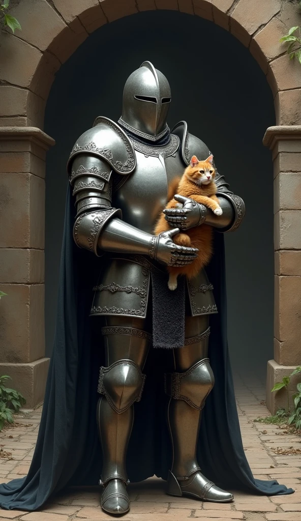 knight in medieval armor holding a cat
