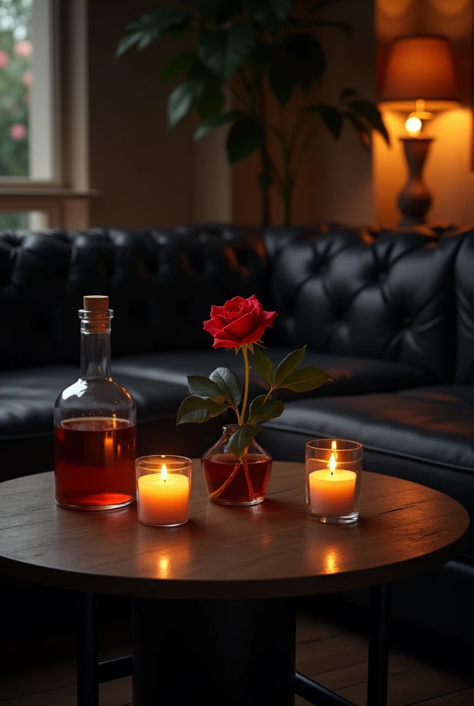 black sofa,table,red rose,alcohol,Candlelight,night