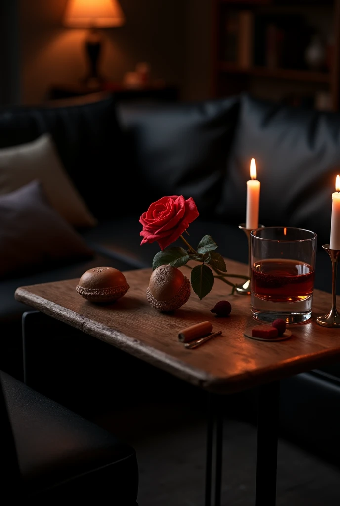 black sofa,table,red rose,alcohol,Candlelight,night
