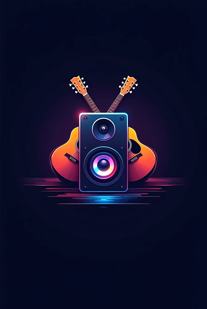 A logo for a podcast channel depicting a stereo speaker with RGB lights in the center crossed by two acoustic guitars