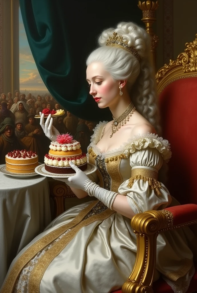 Marie Antoinette eating a cake and looking down on the impoverished French people
