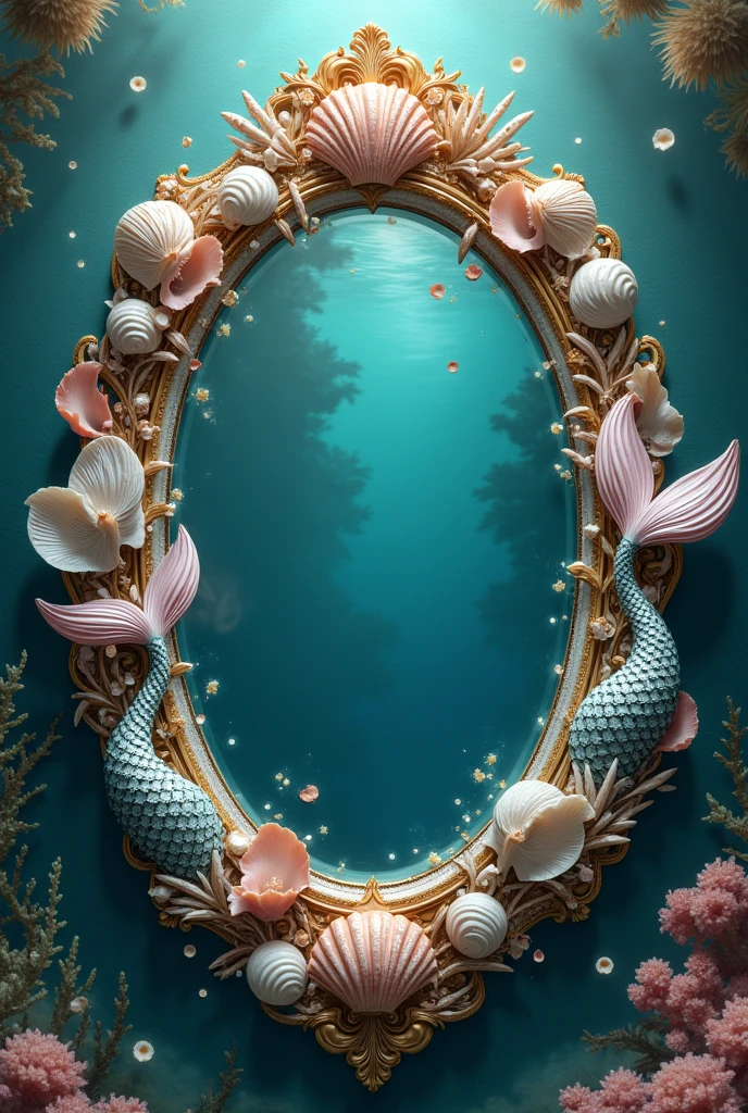 Oval mirror decorated with seashells and mermaid tails